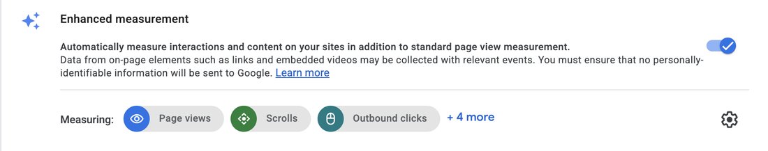 Enhanced measurement switched on, measuring page views, scrolls, outbound clicks, and four more