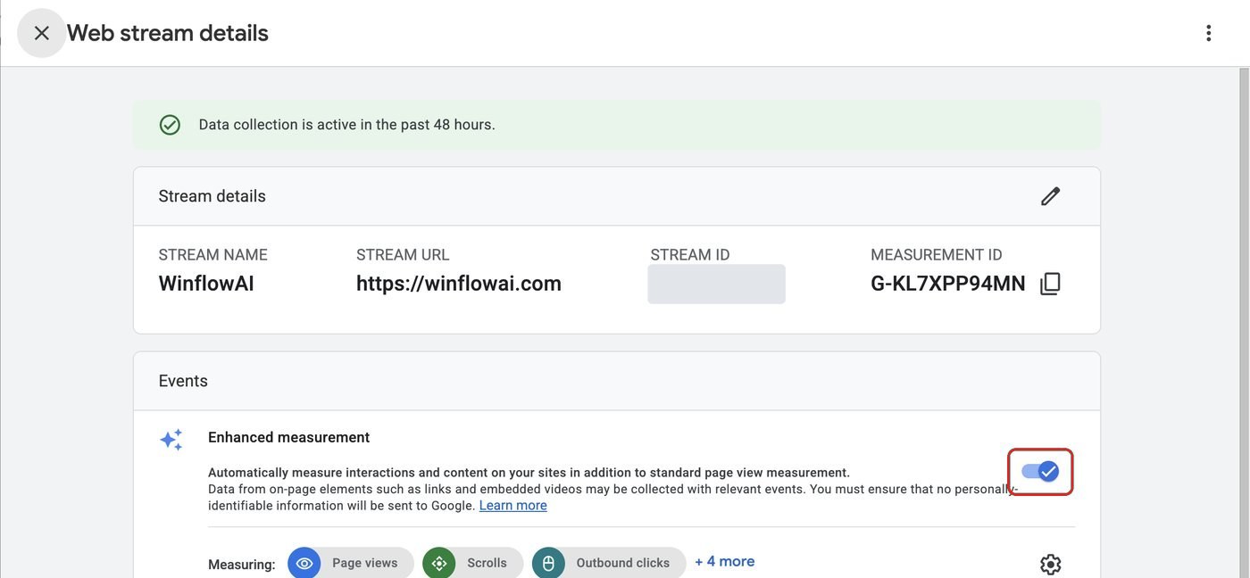 Web stream details with the Enhanced measurement switch outlined and the stream ID covered