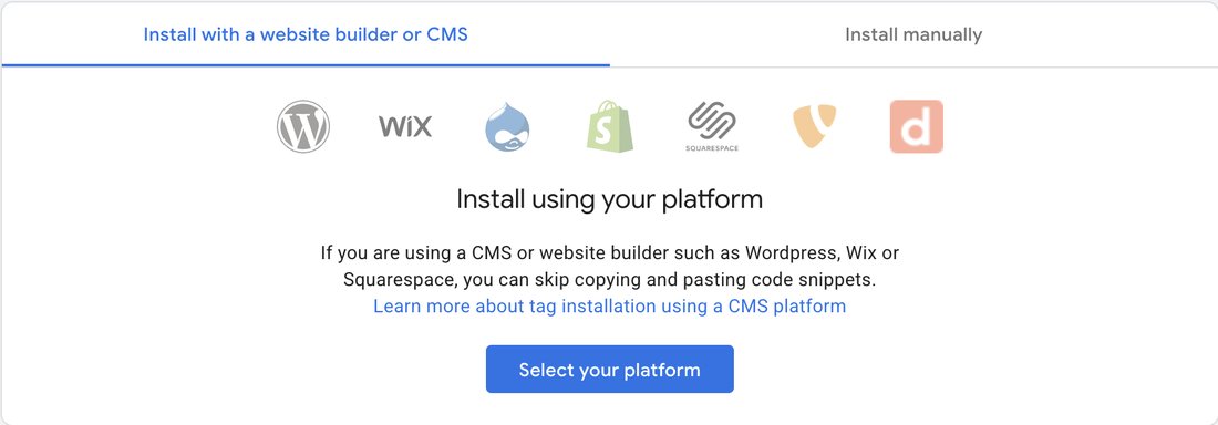 Install with a website builder or CMS tab showing WordPress, Wix, Shopify, Squarespace and other platform logos