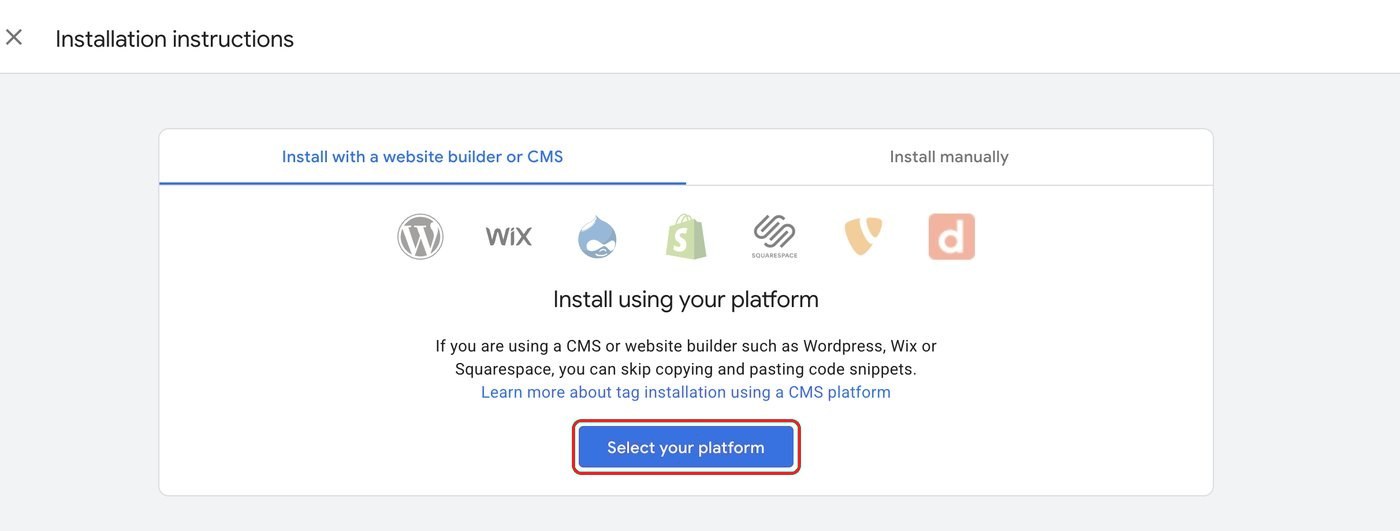 Install with a website builder or CMS tab with Select your platform outlined