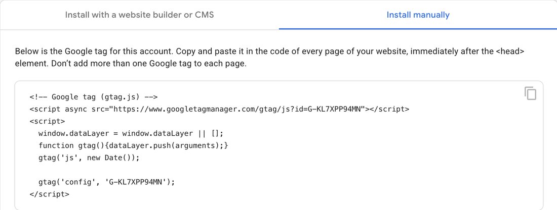 Install manually tab showing the Google tag snippet to paste after the head element