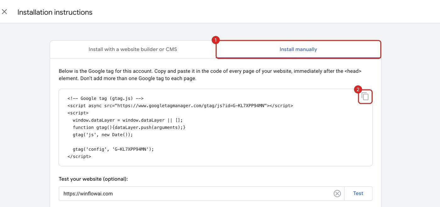 Install manually tab outlined as 1 and the snippet copy button outlined as 2