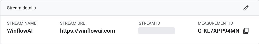 Stream details card showing stream name, URL, stream ID, and a Measurement ID beginning with G- next to a copy button