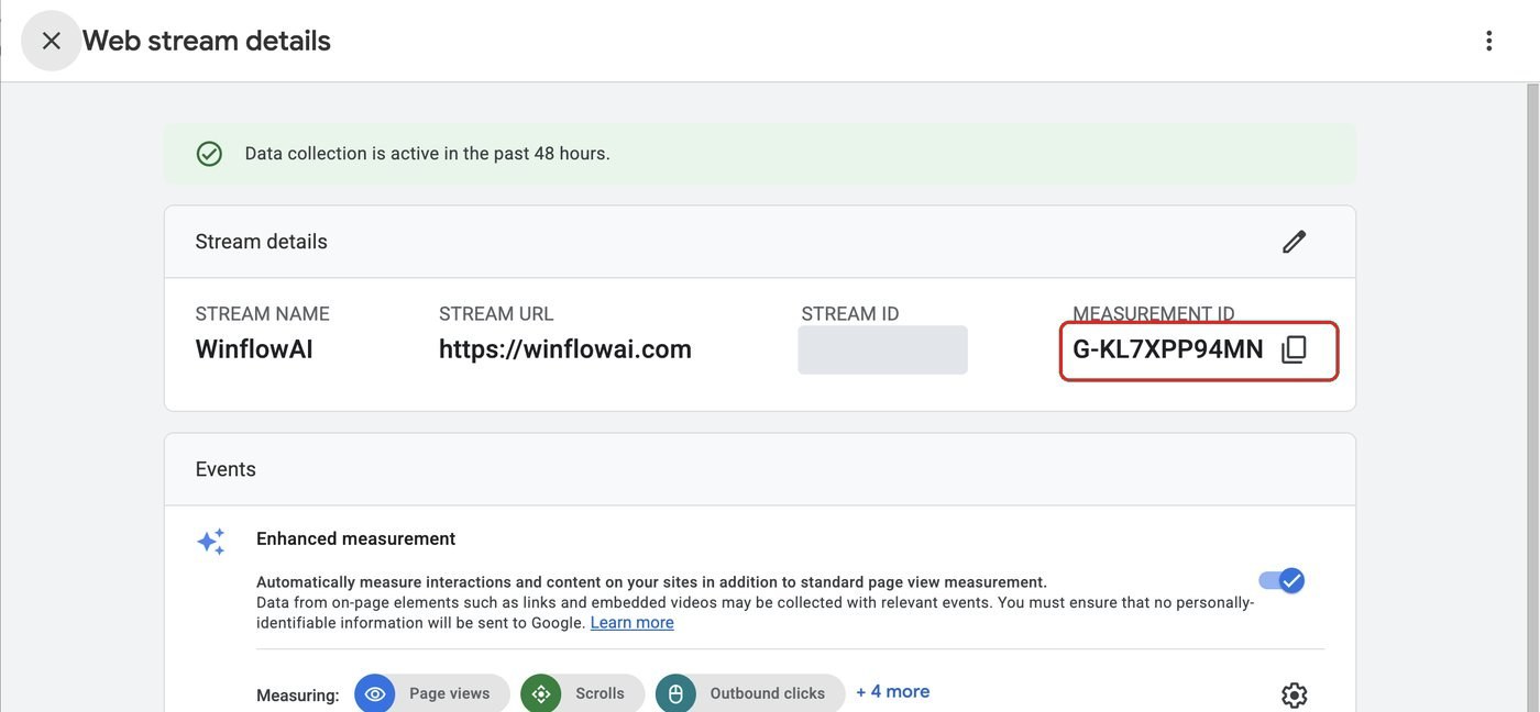 Web stream details with the Measurement ID and its copy button outlined; stream ID covered