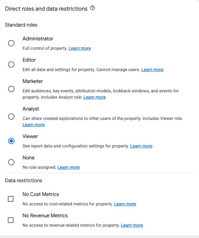 GA4 role choices with Viewer selected and both data restrictions unchecked