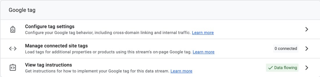 Google tag section of the web stream with View tag instructions at the bottom
