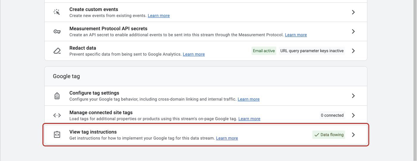 Google tag section of the web stream with View tag instructions outlined