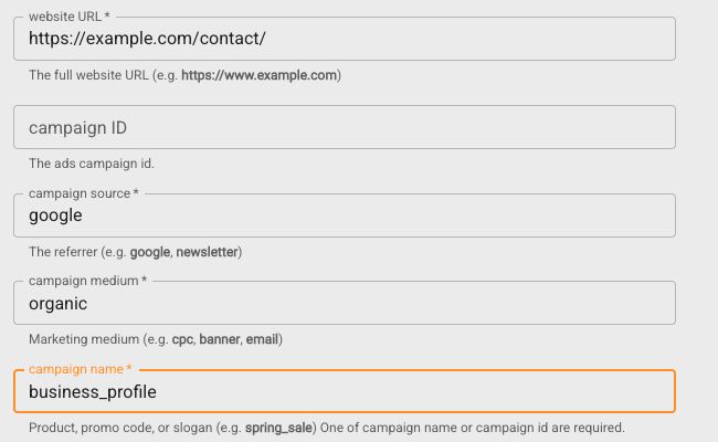 Google Campaign URL Builder filled with example.com/contact, google, organic, and business_profile