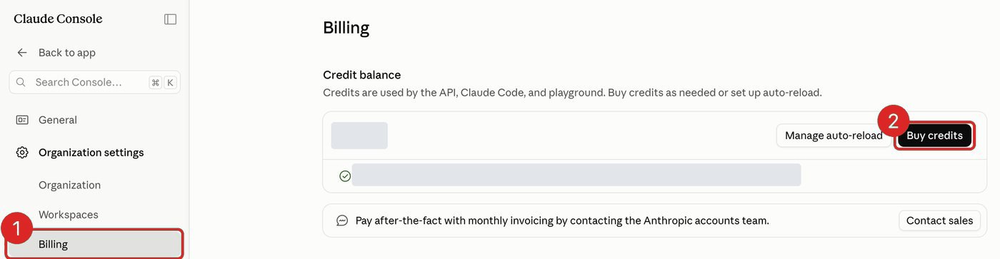 Claude Console Billing page with Billing selected in the menu (1) and the Buy credits button (2); balance covered