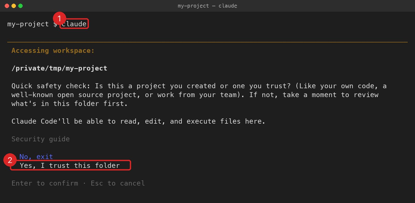 Claude Code first-run safety check asking whether to trust the project folder, with Yes, I trust this folder outlined
