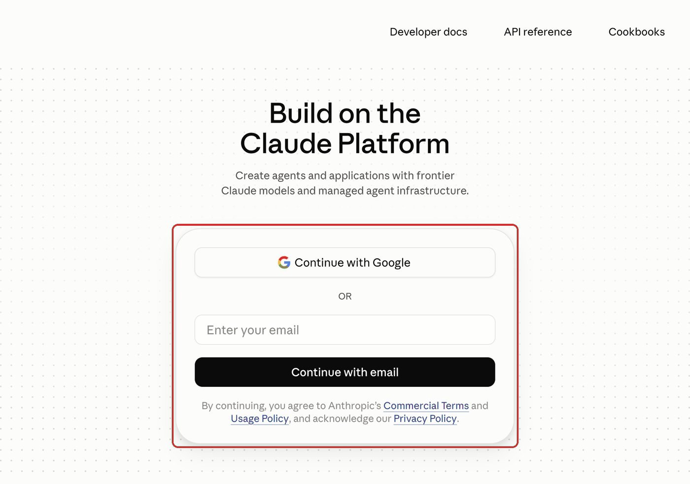 Claude Console sign-in page with the Continue with Google and email sign-in options outlined