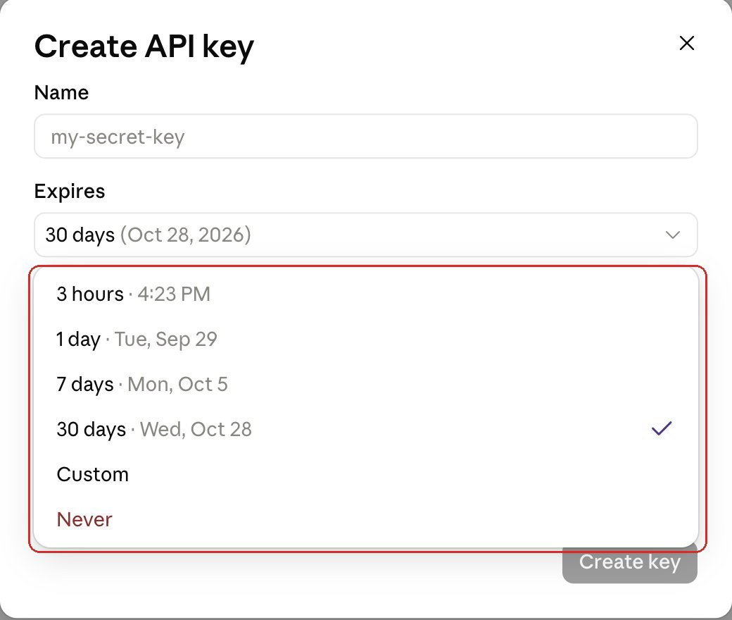 Expires dropdown open showing 3 hours, 1 day, 7 days, 30 days, Custom, and Never