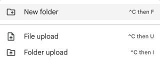 Google Drive New menu offers New folder, File upload, and Folder upload