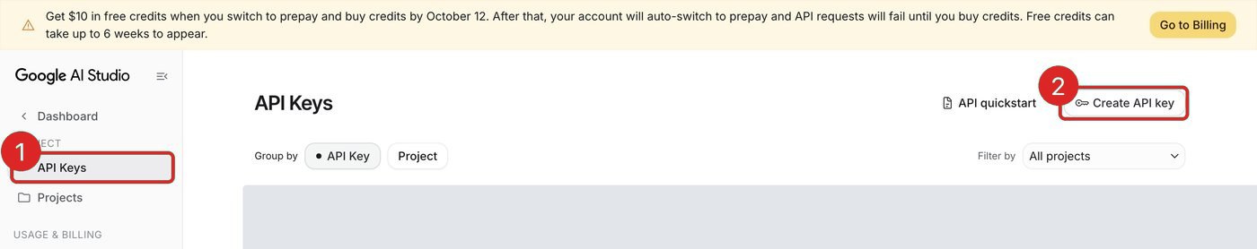 Google AI Studio with API Keys in the menu (1) and the Create API key button (2) outlined; key list covered