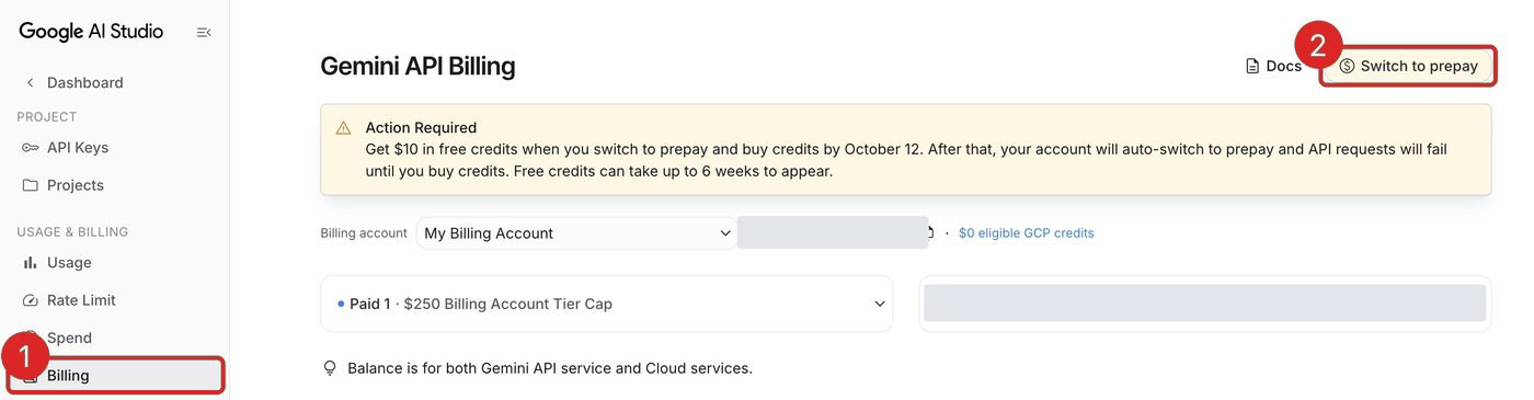 Gemini API Billing page with Billing in the menu (1) and Switch to prepay (2) outlined; billing account ID and project names covered