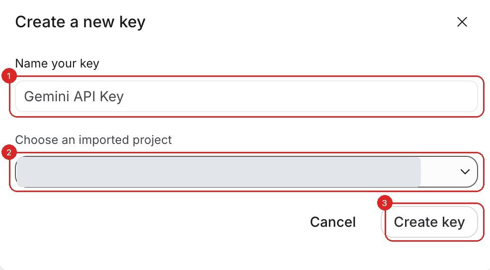 Create a new key form with the key name (1), project picker (2), and Create key button (3) outlined; project name covered