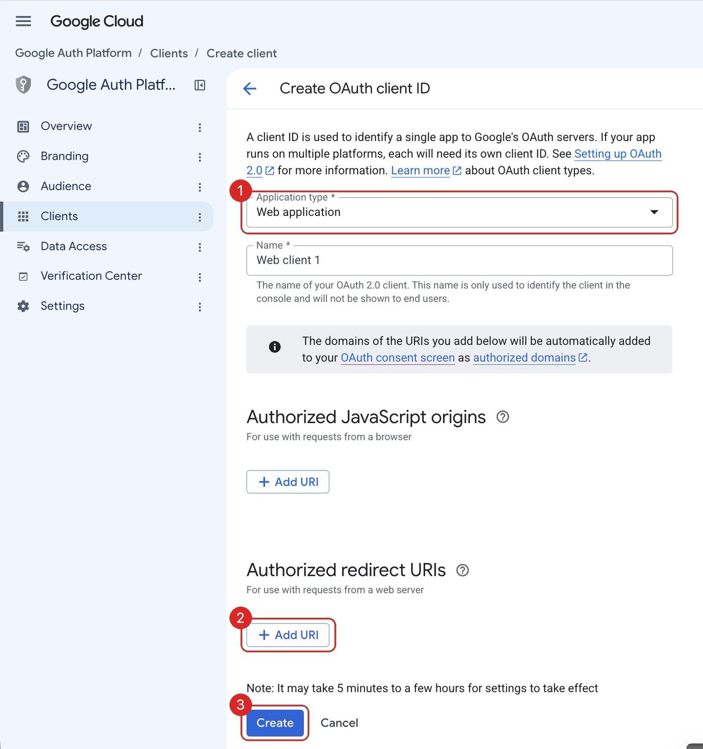 Create OAuth client ID form with Application type set to Web application (1), the redirect URI Add URI button (2), and Create (3) outlined