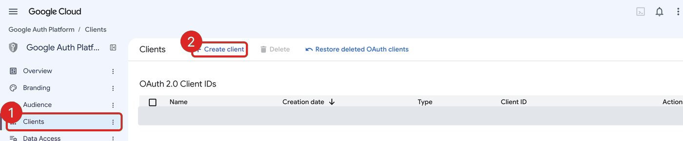 Google Auth Platform with Clients in the menu (1) and Create client (2) outlined; existing clients covered