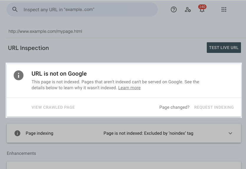 Google’s example URL Inspection result: URL is not on Google, excluded by a noindex tag