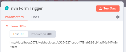 Official n8n Form Trigger screenshot showing Test URL and Production URL tabs