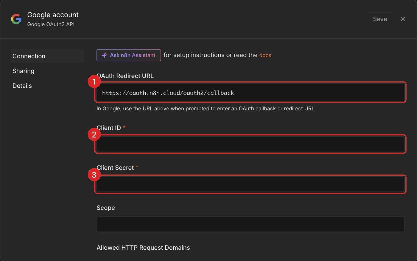 n8n Google OAuth2 credential form with OAuth Redirect URL (1), Client ID (2), and Client Secret (3) outlined