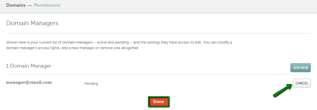 Namecheap pending domain manager invitation with Cancel and Done buttons