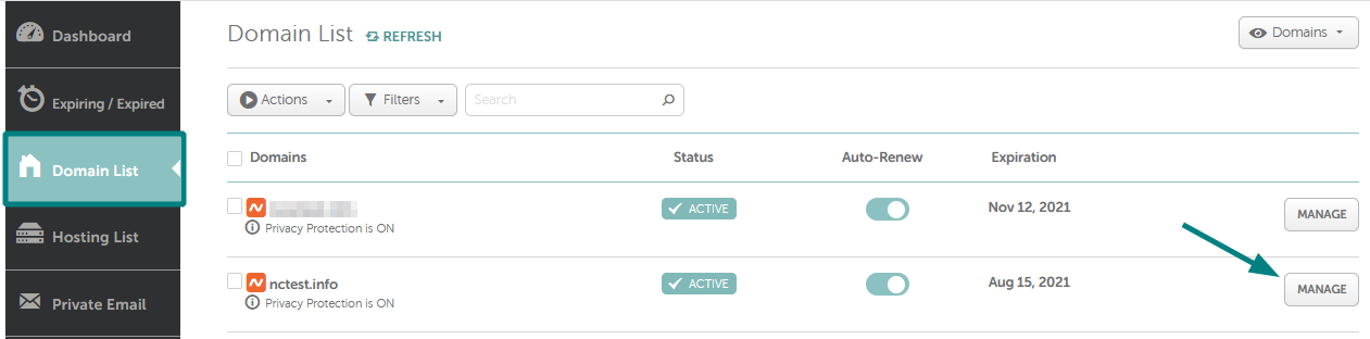 Namecheap Domain List with an arrow pointing to Manage