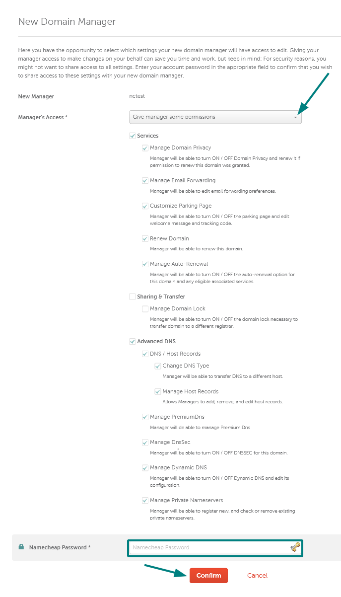 Namecheap limited manager permissions and password confirmation controls