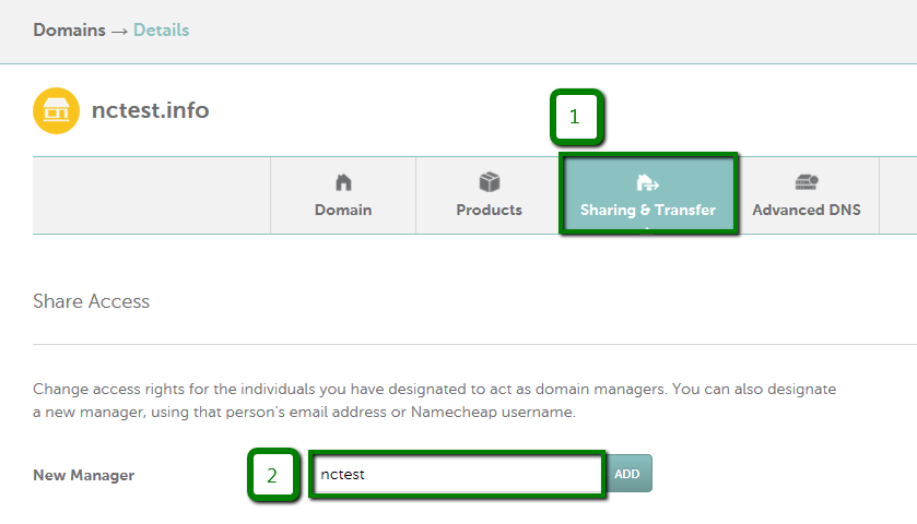Namecheap Sharing and Transfer tab, New Manager field, and Add button