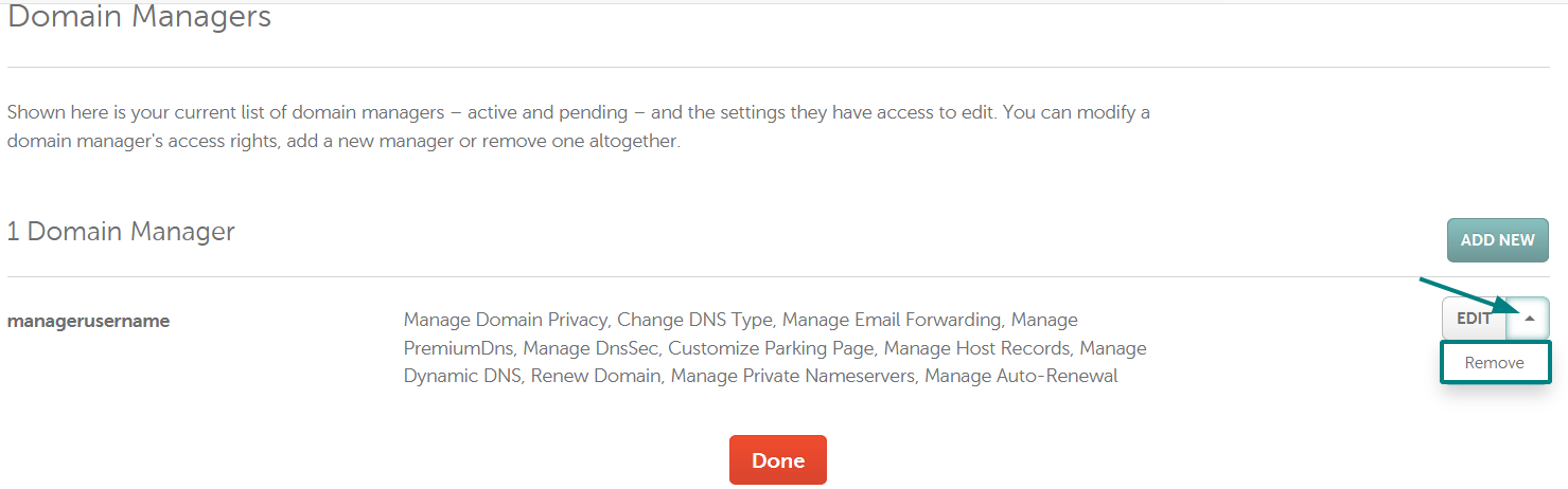 Namecheap accepted domain manager with Edit dropdown open to Remove