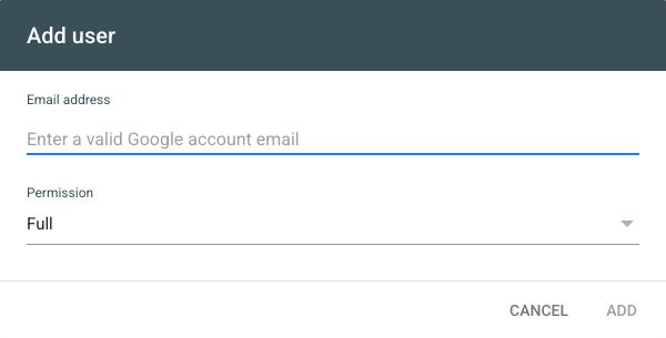 Search Console Add user dialog with an empty email field and Full permission selected