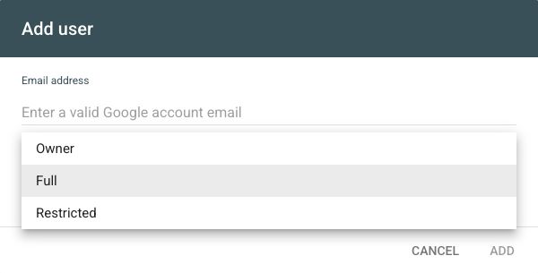 Search Console permission menu showing Owner, Full, and Restricted