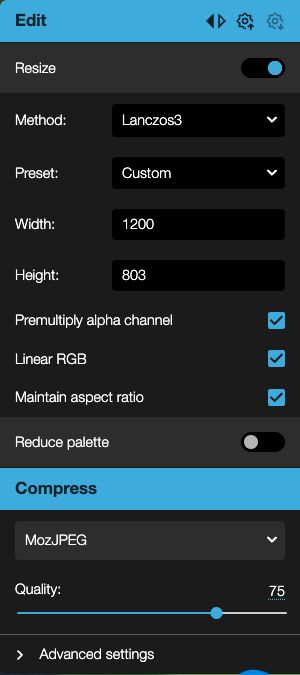 Squoosh Resize enabled, width 1200, height 803, and Maintain aspect ratio checked