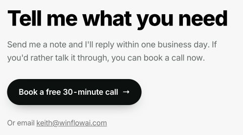 WinflowAI contact section with its booking link and public business email