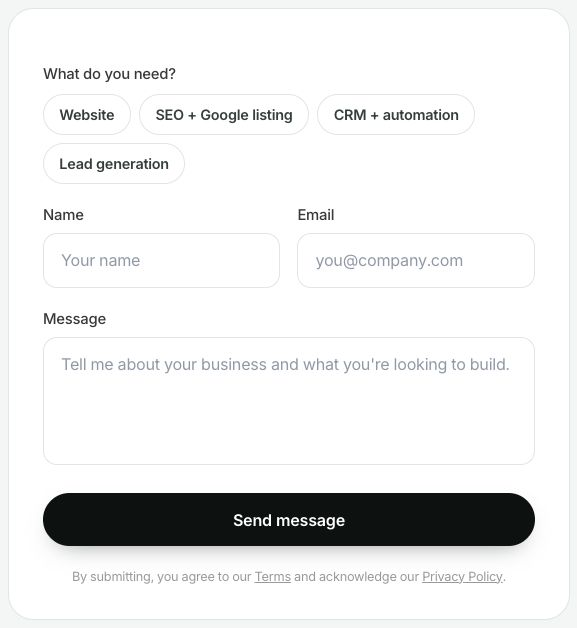 A compact service-inquiry form asking what the visitor needs plus name, email, and message