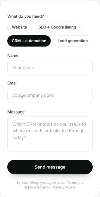 Selecting CRM and automation changes the message prompt to ask about existing tools and missing follow-up