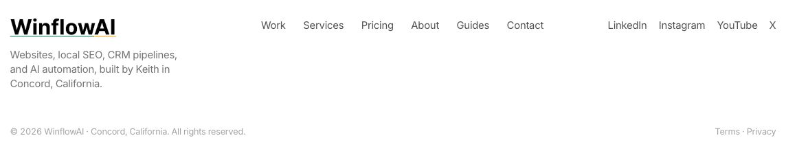 WinflowAI footer with business location, website navigation, and social profile links