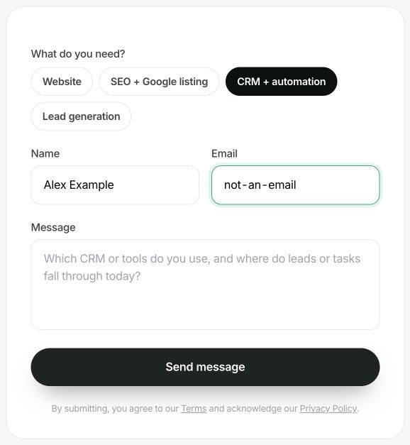 Test form with the fictional name Alex Example and invalid address not-an-email