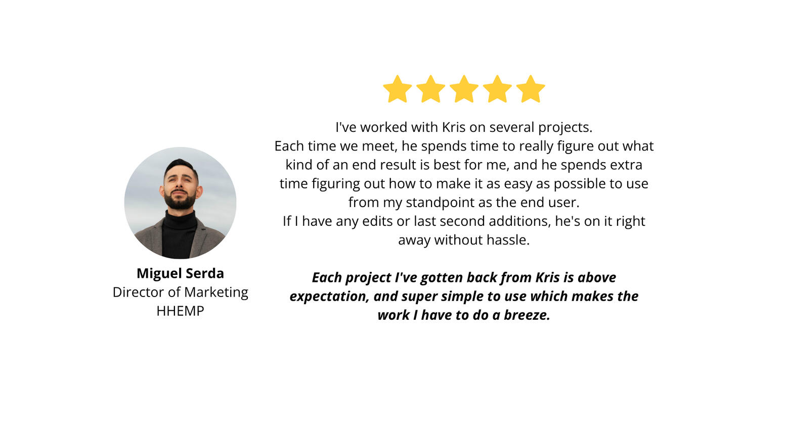 Miguel Serda, Director of Marketing at HHEMP — 5-star review